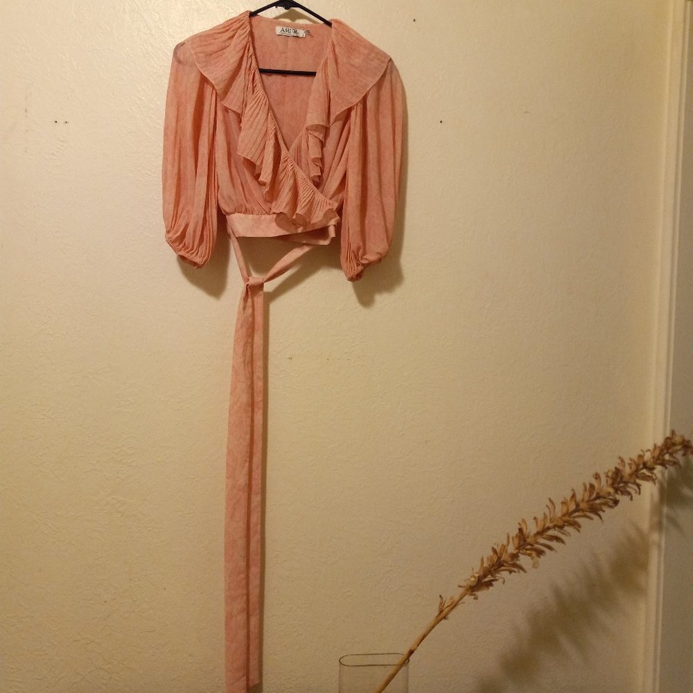 AMUR Naya Pink Ruffled Cropped Wrap Top Softie Girlcore Romantic Size XS